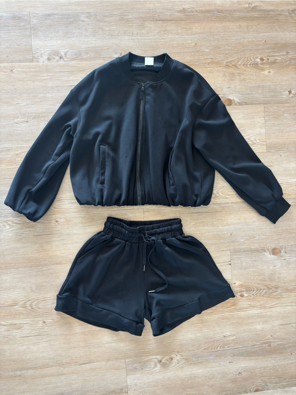 Skies Are Blue Black Satin Two-Piece Set - Crop Top & Zip Jacket